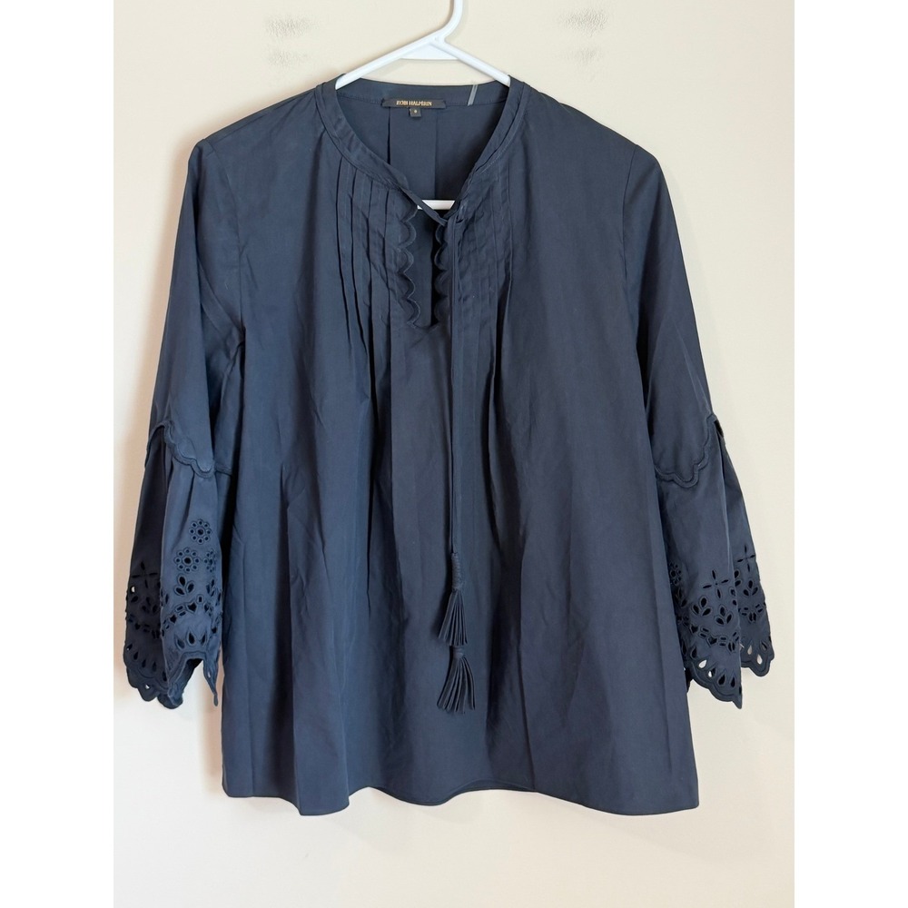 Kobi Halperin Eyelet Bell Sleeve Blouse Womens Small Navy Blue Pintuck Tassel - Picture 9 of 10